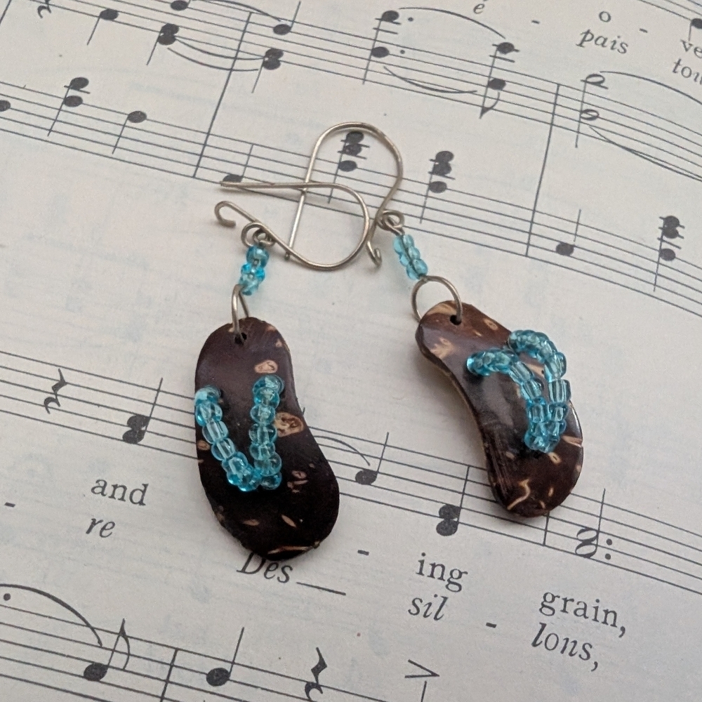 Brown and Blue Beaded Flip Flop Earrings